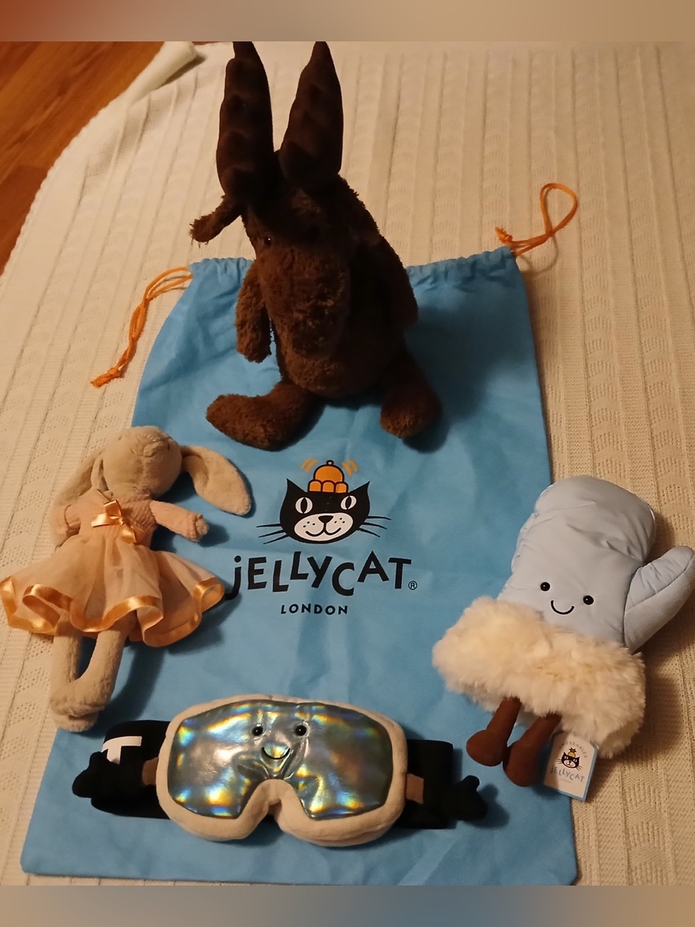 Jellycat bundle ski goggles, mitten, moose, and ballerina bunny